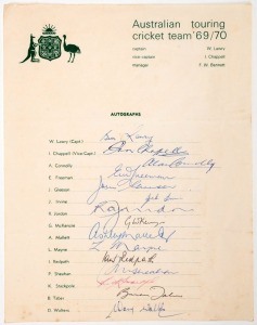 OFFICIAL TEAM SHEET: "Australian touring cricket team '69/70" fully signed in ink by the 15 players in the party, including Bill Lawry (capt.) and Ian Chappell (vice capt.). This is the Australian team that toured South Africa from January to March 1970, playing a four-match Test Series. South Africa won the Series 4–0. It was the last official Test Series to involve South Africa for 22 years. The 1970 South African team has been held to be one of the greatest in the history of cricket
