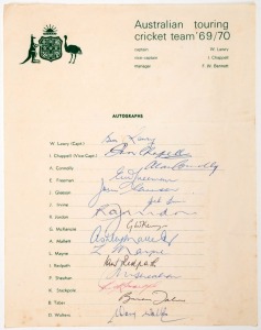 OFFICIAL TEAM SHEET: "Australian touring cricket team '69/70" fully signed in ink by the 15 players in the party, including Bill Lawry (capt.) and Ian Chappell (vice capt.). This is the Australian team that toured South Africa from January to March 1970,