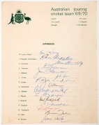 OFFICIAL TEAM SHEET: "Australian touring cricket team '69/70" fully signed in ink by the 15 players in the party, including Bill Lawry (capt.) and Ian Chappell (vice capt.). This is the Australian team that&nbsp;toured South Africa from January to March 1970,