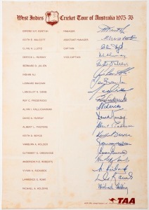 WEST INDIES CRICKET TOUR OF AUSTRALIA 1976-76 fully signed official team sheet, featuring Clive Lloyd (capt.), Deryck Murray (vice-capt.), Lance Gibbs, Michael Holding, and Viv Richards. Australia won the six Test Series 5-1.