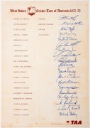 WEST INDIES CRICKET TOUR OF AUSTRALIA 1976-76 fully signed official team sheet, featuring Clive Lloyd (capt.), Deryck&nbsp;Murray (vice-capt.), Lance Gibbs, Michael Holding, and Viv Richards. Australia won the six Test Series 5-1.