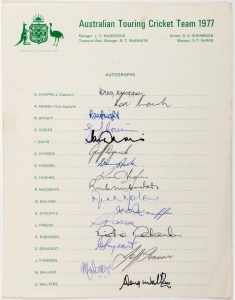 "AUSTRALIAN TOURING CRICKET TEAM 1977" official, fully signed team sheet with Greg Chappell (capt.), Rod Marsh (vice-captain) and Doug Walters, Max Walker, Jeff Thomson, Kerry O'Keeffe and Kim Hughes.