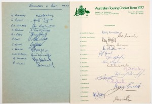 "AUSTRALIAN TOURING CRICKET TEAM 1977" official, fully signed team sheet with Greg Chappell (capt.), Rod March (vice-captain) and Doug Walters, Max Walker, Jeff Thomson, Kerry O'Keeffe and Kim Hughes. Also, an unofficial English Team sheet signed by the e