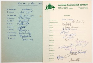 "AUSTRALIAN TOURING CRICKET TEAM 1977" official, fully signed team sheet with Greg Chappell (capt.), Rod March (vice-captain) and Doug Walters, Max Walker, Jeff Thomson, Kerry O'Keeffe and Kim Hughes. Also, an unofficial English Team sheet signed by the eleven team members who won the 3rd Test by 7 wickets. (2 items).