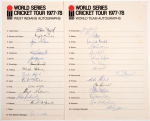 WORLD SERIES CRICKET 1977-78: The "West Indians" official team sheet with 14 original signatures; also, the "World Team" official team sheet with 15 original signatures. (2 items).