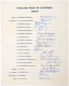 ENGLAND TOUR TO AUSTRALIA 1978-79: Official team sheet signed by the whole touring party - 20 signatures - including Brearley (capt.), Willis (vice-capt.), Botham, Boycott, Gower & Gooch.