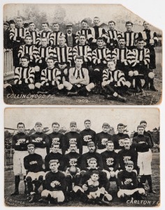 CARLTON FOOTBALL CLUB: 1909 real photo postcard by J.E. Barnes; also, a defective COLLINGWOOD 1909 real photo postcard by the same photographer. (2 items). Both produced as advertising give-aways for Lincoln, Stuart & Co., General Outfitters. (2).