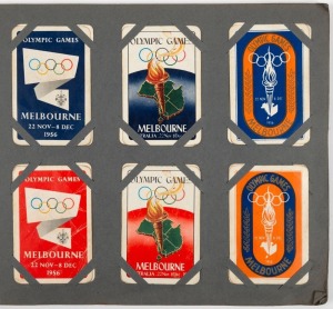 1956 MELBOURNE OLYMPICS: COLES Olympic Games Collector Cards in an album, including the Flags & Flowers Series, Landmarks, Olympic Venues, Sports, and several non-Coles types. (Total: 96); mixed condition.