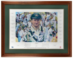 "TWELVE" The Record-Breakers' by Mark Sofilas, limited edition print depicting Steve Waugh and the members of the Australian Cricket Team he led in winning twelve consecutive Test matches; limited edition 164/250 (with certificate) signed by Steve Waugh and the 19 cricketers depicted, including Gillespie, Hayden, McGrath, Ponting, and Warne. framed and Glazed. Overall 90 x 111cm