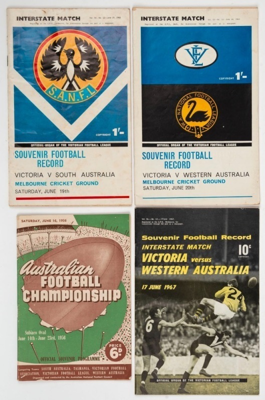 INTERSTATE MATCH PROGRAMMES: "Australian Football Championship" Subiaco Oval June 1956; Victoria v Western Australia, MCG June 1964; Victoria v South Australia MCG June 1965; Victoria v Western Australia June 1967. (4 items).