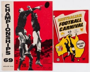1969 AUSTRALIAN FOOTBALL CARNIVAL, ADELAIDE: A guidebook published by Allied Publishing Company, full of history and advertisements; also, "Championships 69", with match details and player profiles. (2 items).