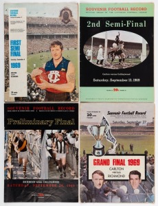 THE 1969 FINALS SERIES: First Semi-Final (Richmond defeats Geelong by 118 points); Second Semi-Final (Carlton defeats Collingwood by 36 points); the Preliminary Final (Richmond defeats Collngwood by 26 points); and the Grand Final (Richmond defeats Carlton by 25 points). (4 items).