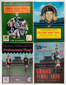 THE 1970 FINALS SERIES: First Semi-Final (St. Kilda defeats South Melbourne by 53 points); Second Semi-Final (Collingwood defeats Carlton by 10 points); the Preliminary Final (Carlton defeats ST. Kilda by 62 points) and the Grand Final (Carlton defeats Collingwood by 10 points). (4 items). Carlton won its 10th Premiership in front of more than 121,000 fans. Three forwards kicked more than 100 goals in the season: Peter Hudson (146), Peter McKenna (143) and Alex Jesaulenko (115).