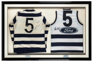 GEELONG FOOTBALL CLUB - THE FAMOUS NUMBER 5 A large, framed presentation featuring a match-worn No. 5 Geelong jumper signed 'Graham Polly Farmer. 3.8.1998' Together with a No. 5 signed 'Gary Ablett 18.8.98;' mounted and displayed together with plaques describing their careers: 'Graham Farmer 1962 - 1967, 101 games - 65 goals' and 'Gary Ablett 1982 - 1997, 248 games - 1030 goals.' Overall 100 x 150cm.