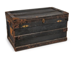 CLARRIE GRIMMETT'S large travelling trunk used to transport his cricket equipment, boots and clothing; with painted "C.V. GRIMMETT" to the top and with large (part) paper label on side panel headed "AUSTRALIAN CRICKET XI, ENGLISH TOUR 1934" with Grimmett'