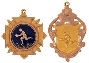 CARLTON FOOTBALL CLUB: 1928 Second Eighteen (Reserves) Premiership 9ct gold & enamel fob, together with the 1928 Second Eighteen Best First Year Player award 9ct gold fob, both engraved to J. GOATER. Accompanied by three 9ct gold fobs awarded to Goater between 1925 to 1927, while he was playing for the Royal Rovers Football Club (1925 "All round play", 1926 "Premiers" and 1927 "Premiers") together with a silver and enamel "Basketball Champ 1925" awarded to Goater by the Australian Senior Cadets
