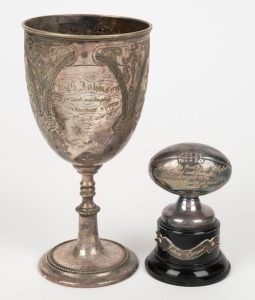 ST. KILDA FOOTBALL CLUB 1954 silver plated trophy engraved "St Kilda Football Club Best and Fairest, Season 1954, Caulfield South School, Presented To John Evans", together with a silver plated trophy goblet engraved "R.G. JOHNSON 100 Yards Maiden Plate, Malvern Amateur Sports, 2nd April, 1870", (2 items),the larger 17.5cm high