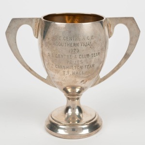 MOTOR CYCLE RACING: A sterling silver presentation cup, engraved "S.E. CENTRE A.C.U. SOUTHERN TRIAL 1929. S.E. CENTRE & CLUB TEAM PRIZES : CARSHALTON TEAM : T.F. HALL" T.F. Hall rode a 495cc Matchless for the Carshalton Motor-Cycle Club Team.