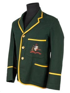 AUSTRALIAN 1926 TEST TEAM BLAZER, Grimmett's Test blazer worn on his first tour of England; green wool with yellow trim, embroidered with the Australian coat of arms in gold and silver wire and coloured thread incorporating the date "1926"; Harding's Mercery Sydney label to collar with "C.V.GRIMMETT" in pen. Provenance: The Clarrie Grimmett Collection; his family, by descent.
