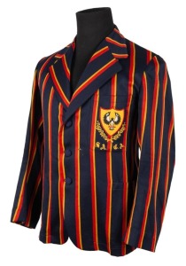 SOUTH AUSTRALIAN CRICKET ASSOCIATION, Clarrie Grimmett's blazer, blue wool with red and yellow stripes, embroidered with the initials of the South Australian Cricket Association and their logo in red, gold, black and white thread, circa 1936. Label of Joh