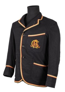 SOUTH AUSTRALIAN CRICKET ASSOCIATION, Clarrie Grimmett's blazer, early design in black wool with yellow, red and black trim, applied with monogrammed initials of the S.A.C.A. embroidered to the pocket in red and yellow thread. Label of McCarron & Co., Adelaide, inscribed in ink "Mr. C.V. GRIMMETT 31.10.24" This jacket was presented to Grimmett on the occasion of his first appearance for South Australia, against his former state, Victoria. The match was played at Adelaide