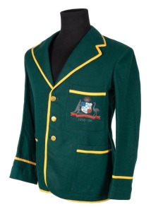 AUSTRALIAN 1935-36 TEST TEAM BLAZER, Clarrie Grimmett's Test blazer worn for the tour of South Africa; green wool with yellow trim, embroidered with the Australian coat of arms in gold and silver wire and coloured thread incorporating the dates "1935-36";