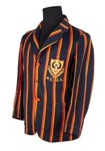 SOUTH AUSTRALIAN CRICKET ASSOCIATION, Clarrie Grimmett's blazer, blue wool with red and yellow stripes, embroidered with the initials of the South Australian Cricket Association and their logo in red, gold, black and white thread, circa 1939/40. Label of John Martin & Co Ltd, Adelaide together with a sewn-on label lettered "C.V.GRIMMETT" in pen.Provenance: The Clarrie Grimmett Collection; his family, by descent.