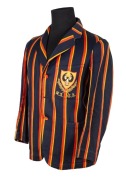 SOUTH AUSTRALIAN CRICKET ASSOCIATION, Clarrie Grimmett's blazer, blue wool with red and yellow stripes, embroidered with the initials of the South Australian Cricket Association and their logo in red, gold, black and white thread, circa 1939/40. Label of