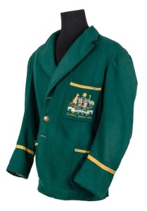 1948 LONDON OLYMPICS: Australian Team blazer. Green wool with gold trim, coat of arms and "OLYMPIC GAMES 1948" embroidered to pocket. Ownership label sewn behind left lapel "4416 - Armstrong".