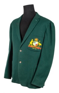 TOM VIEVERS' AUSTRALIAN TEST TEAM BLAZER dated 1965-66 on the embroidered pocket, issued to Vievers for the Ashes Series against England in Australia. With his name in manuscript to the lining of the inside pocket. Vievers made 83 runs in his 5 innings, with a high score of 56 n.o.; he took 3 catches and took 4 wickets in the Series. Overall, Vievers represented Australia in 21 Test Matches between December 1964 and February 1967.