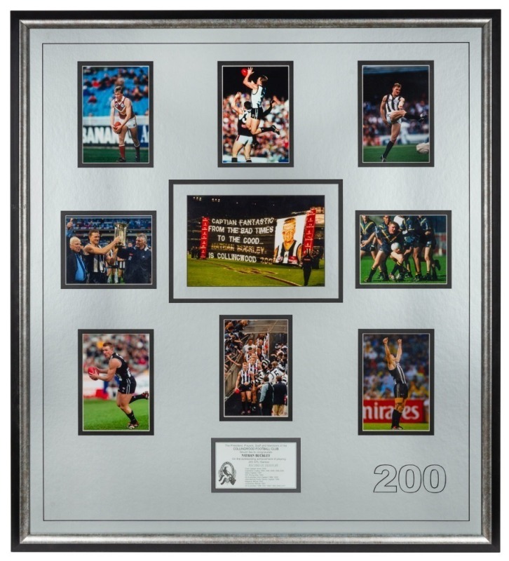 NATHAN BUCKLEY'S 200th GAME: A framed & glazed display presented to Nathan Buckley by “the President, Players, Staff and Members of the Collingwood Football Club” to commemorate his 200th game in 2002. Display comprises nine individual photos, plus an eng