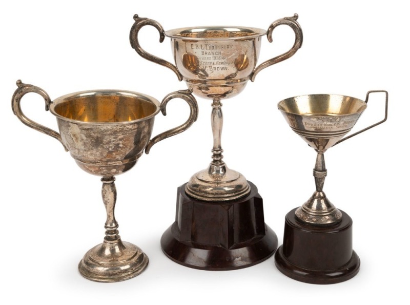 EDWARD VINCENT ("VIN") BROWN - CARLTON PLAYER TROPHIES: Three trophies awarded to Brown just before he started at Carlton in 1941: "C.B.L. THORNBURY Equal Best & Fairest" Season 1939", "C.B.L. THORNBURY BRANCH - Season 1939-40 Highest Score & Bowling Av."