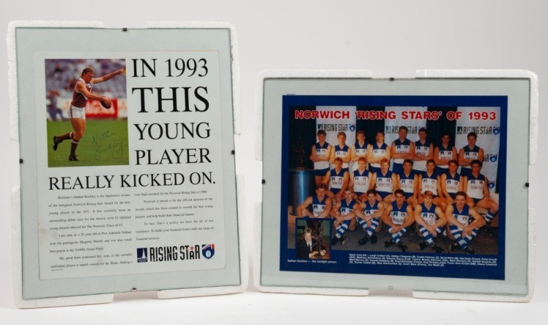 Presentation photograph of all the Norwich Rising Star nominees for 1993. Pre-framed with glass on foam backing. Together with a Buckley signed advertisement for Norwich. (2 items).