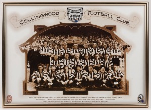 The Collingwood Team of the Century 1997. Framed photo of the Team of the Century players, with older players photo-shopped alongside more recent ones. Also, a Collingwood Team of the Century T-shirt, 1997. Commercially released white T-shirt with TOTC team photo on front and team placings depicted on rear. (2 items).