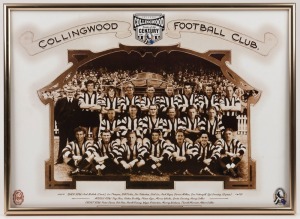 The Collingwood Team of the Century 1997. Framed photo of the Team of the Century players, with older players photo-shopped alongside more recent ones. Also, a Collingwood Team of the Century T-shirt, 1997. Commercially released white T-shirt with TOTC te