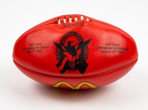 Last game at Victoria Park, v Brisbane, 28 August 1999. Retail version of the souvenir football with black writing, unnumbered. Plus a mini souvenir black and white football from President’s Lunch that day. (2 items).