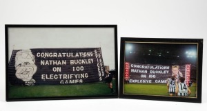 Small framed photos of the cheer squad banners for Nathan Buckley’s 50th, 100th and 150th games. Each one individually framed.
