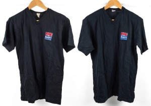 A pair of black Fox Sports Footy T-shirts. (2 examples, one M and one L).