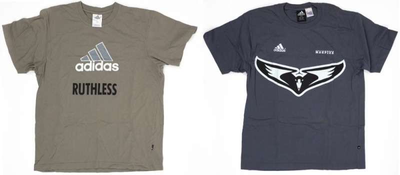 Grey T-shirt by adidas, with swooping magpie logo, first released in 2001. Also, an adidas T-shirt with the word ‘Ruthless’ printed on front from around the same period, (2 items).