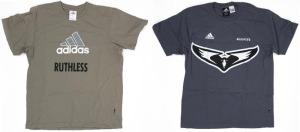 Grey T-shirt by adidas, with swooping magpie logo, first released in 2001. Also, an adidas T-shirt with the word ‘Ruthless’ printed on front from around the same period, (2 items).