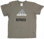 Grey T-shirt by adidas, with swooping magpie logo, first released in 2001. Also, an adidas T-shirt with the word ‘Ruthless’ printed on front from around the same period, (2 items). - 2