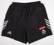 Nathan Buckley’s Collingwood training shorts circa 2003. Adidas logo on right, Collingwood logo on left with Emirates patch above. Black shorts with grey, black and white angled striping (2 pairs; different sizes). - 3