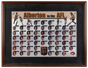 Display titled "Alberton to the AFL" celebrating all the Port Adelaide players who went on to play in the VFL/AFL, between 1870 and 2000. Comprising head shots and small profiles of each player. Produced by the Port Adelaide Football Club. Framed & glazed