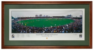 Last game at Victoria Park, 1999. Limited edition print produced to commemorate Collingwood’s last ever game at Victoria Park, v Brisbane in the final round of the 1999 season. Panoramic photo of the ground taken during that final game. Framed and glazed.