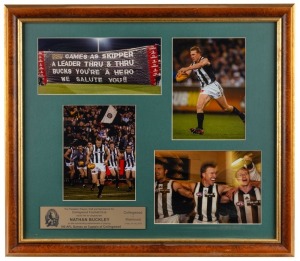 Small framed group of photos presented to Nathan Buckley by Collingwood Football Club in 2003 on the occasion of him having captained the club for the 100th time, against Richmond in July. Four photos with engraved plaque.