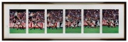 A superb sequence of photos showing Nathan Buckley’s mark over Essendon’s Mark Fraser in 1998. Framed & glazed.