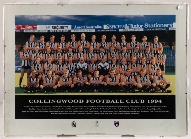 Collingwood Best player award v Fremantle, 20 May 1995. Engraved pewter tankard presented to Nathan Buckley for being the team’s best player that day. Inscribed ‘Man of the Match, Club Award.’ Plus Collingwood team posters for 1994 and 1995. Unframed. 19