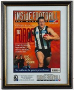 Two framed Nathan Buckley covers from "Inside Football" magazine. One from 15 March 1995 featuring Buckley in tuxedo with headline ‘Class Act’, the other from July 1998 with the headline ‘Nathan Buckley. The Force’. Also, a framed portrait photo of Buckle - 2