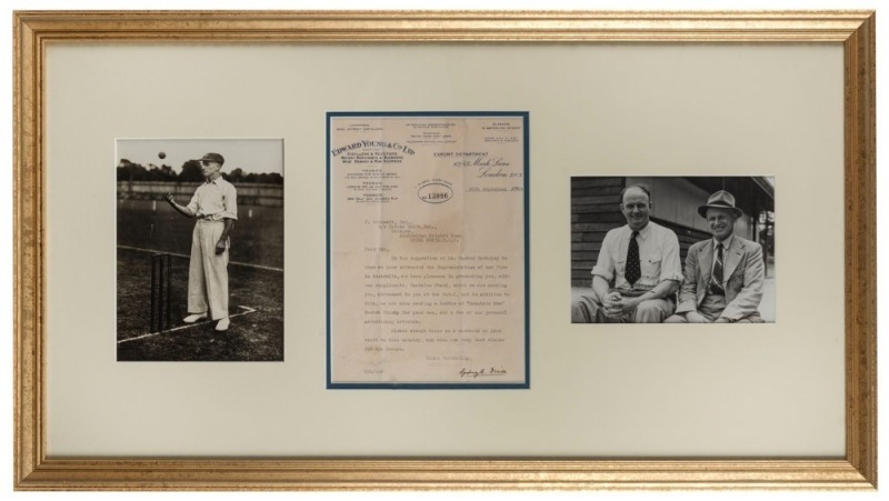 A framed display featuring an original photograph of Clarrie Grimmett practising his ball spinning; a photograph of Grimmett and Bill O'Reilly, signed by the two great bowlers; also, a September 1926 letter to Grimmett (then at the Hotel Cecil in London w