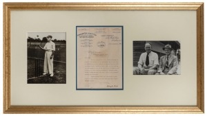 A framed display featuring an original photograph of Clarrie Grimmett practising his ball spinning; a photograph of Grimmett and Bill O'Reilly, signed by the two great bowlers; also, a September 1926 letter to Grimmett (then at the Hotel Cecil in London with the Australian Team)from Edward Young & Co., advising him of the delivery of some gifts including a "bottle of Mountain Dew" Scotch Whisky for your use...". Overall 45 x 81cm.